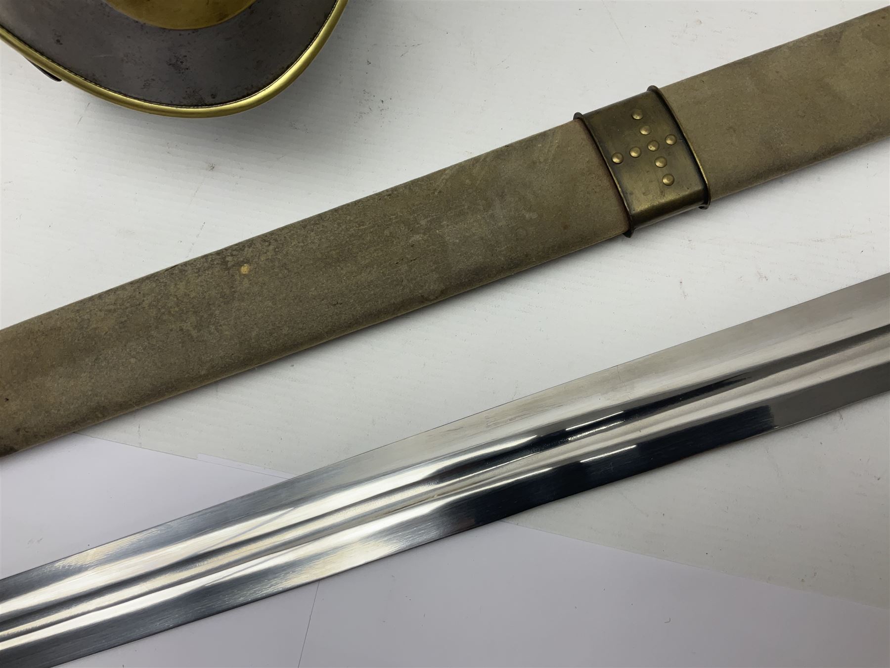 Re-enactors Viking helmet and sword in scabbard, helmet D19cm, sword blade L73cm, whole L88cm 