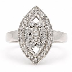 18ct white gold diamond marquise shaped ring, milgrain set with round cut diamonds, London...