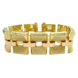 Mid-late 20th century continental 14ct brushed yellow and polished rose gold tank bracelet, stamped 585
