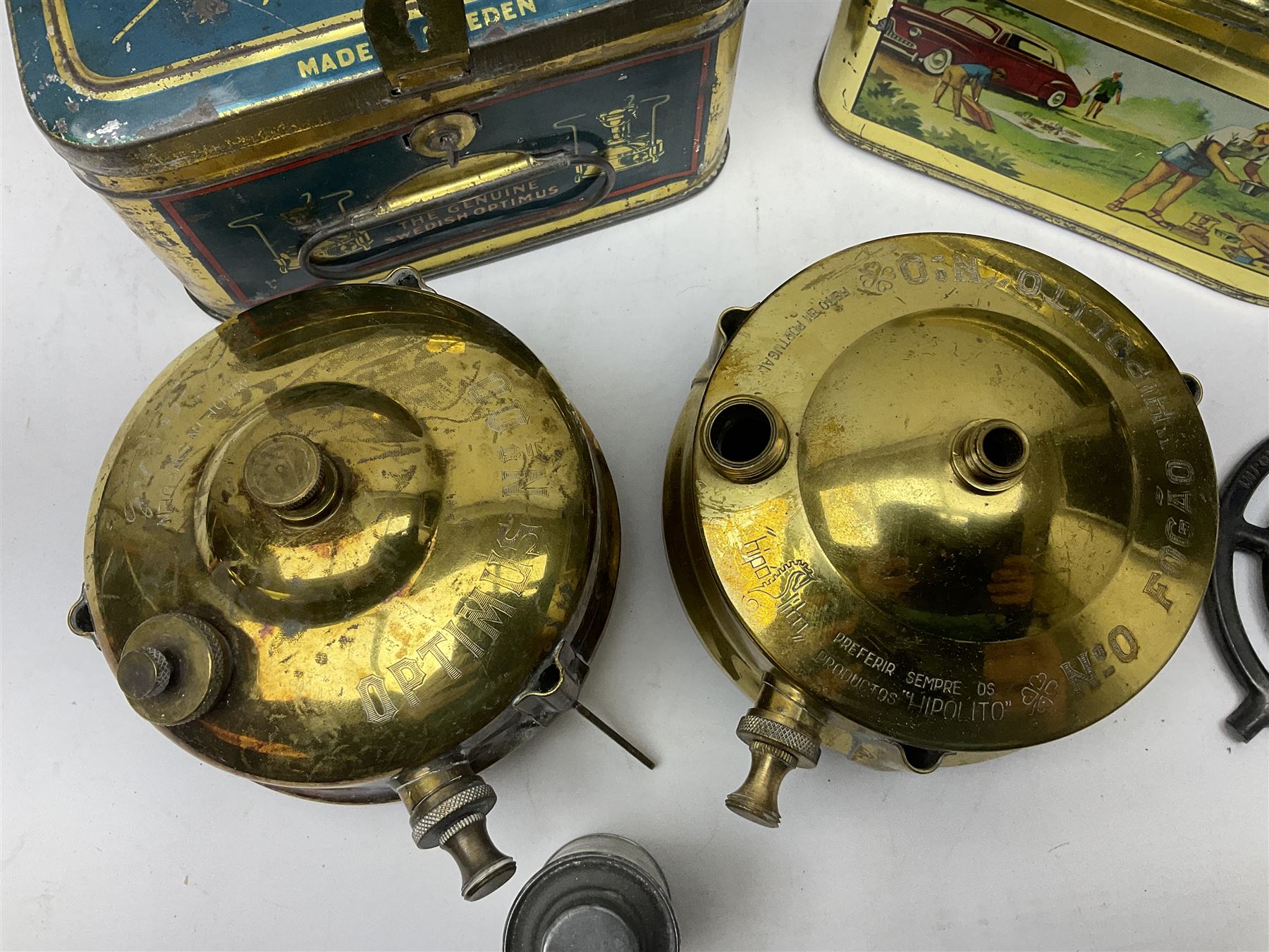 Brass Fogoa Hipolito camping stove burner, in original box together with a similar Optimus example