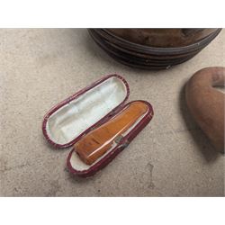 Turned wooden tobacco jar, pipe and an amber cheroot holder, H20cm