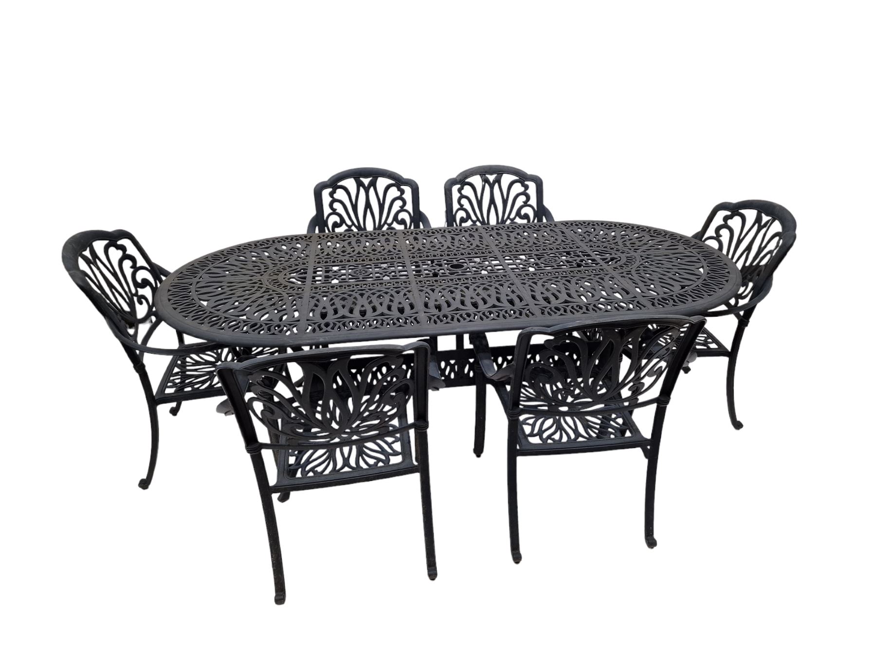 Victorian design painted aluminium oval garden table and six chairs - THIS LOT IS TO BE COLLECTED BY APPOINTMENT FROM DUGGLEBY STORAGE, GREAT HILL, EASTFIELD, SCARBOROUGH, YO11 3TX