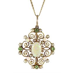 15ct gold opal, pearl and green stone set openwork pendant/brooch, on an 18ct gold chain necklace