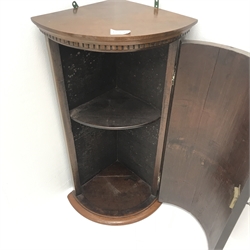  Small Georgian style figured mahogany bow corner cabinet, projecting cornice, dentil frieze, single door enclosing shelf (W37cm, H65cm, D29cm) a small Edwardian mahogany drop leaf Sutherland table, a jardiniere stand and a nest of tables  