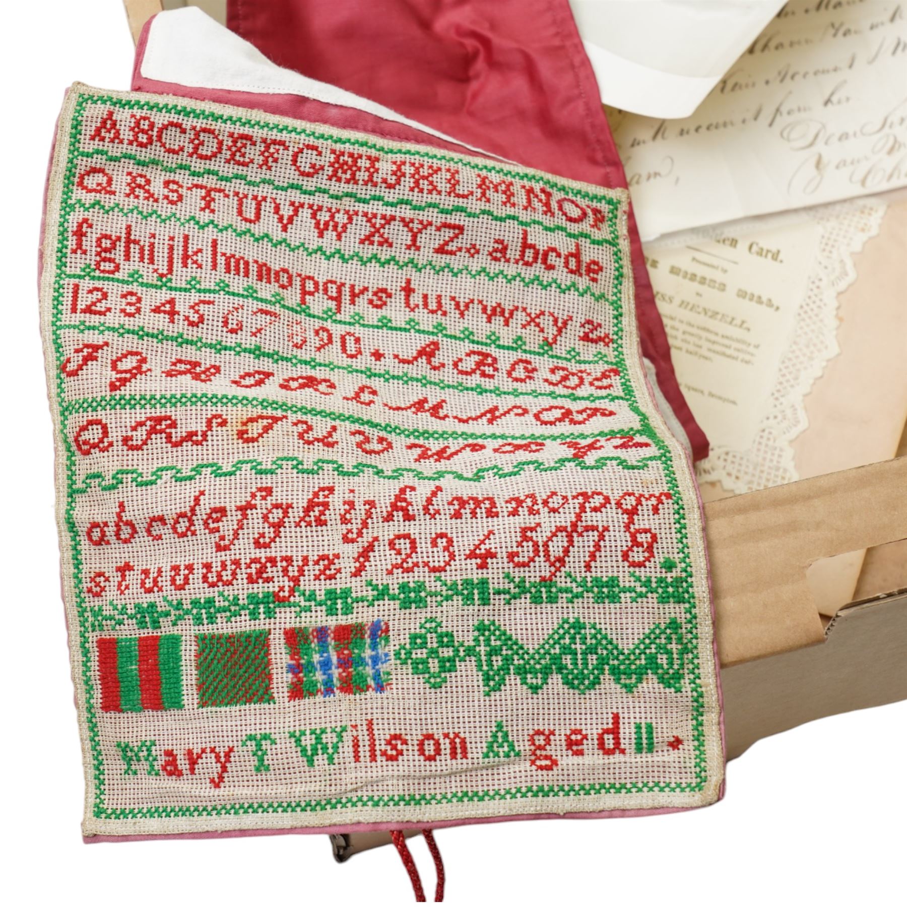 Ephemera including 19th century indenture, Victorian memorial cards and envelopes, sampler by Mary Wilson aged 11, 1940s photographs of George VI and royal family, miniature map of Turin circa 1600 and other items 