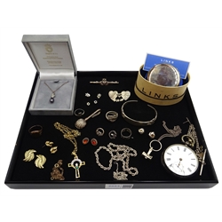  Silver bangle by Reed & Barton, Victorian silver pocket watch, silver shell pendant, and other silver jewellery stamped or hallmarked and a collection of costume jewellery  
