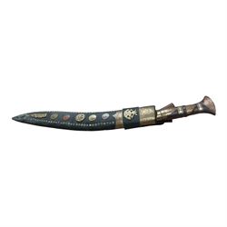 Nepali Kukri knife, steel blade, leather scabbard with brass decoration, wooden handle, blade length approx 46cm, L61cm overall 