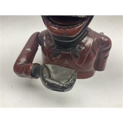 Three early 20th century cast-iron mechanical money banks as a family group comprising mother 'Dinah' patented 1911, father 'Jolly Man' patented 1902 and son 'Little Joe' patented 1910 by John Harper & Co; all with the same hand-to-mouth action; parents H16cm (3)