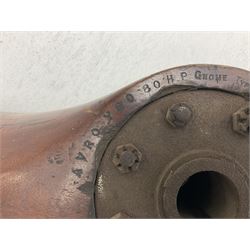 Early 20th century Avro 504 80HP Gnome laminated mahogany two-blade propeller with metal centre to the hub, stamped to the face of the hub 'AVRO Y80 80HP GNOME TYPE 504 & 504A A.I.D.29 A.I.D.32 1545' and to the sides of the hub '2744 DIA 1829 PITCH' and '1470'; traces of A.V. Roe & Co Ltd Manchester transfers to both blades L273.8cm; Auctioneer's Note: The Avro 504 was introduced in 1913 and was quickly taken up by the Royal Flying Corps as a trainer and observation machine; robust and versatile it remained in general service as a trainer until the late 1920s then widely for civilian use as a joy-rider and for stunt displays. The legendary RAF WWII ace, Douglas Bader, took instructions and would have had his first solo flight in just such a machine.
