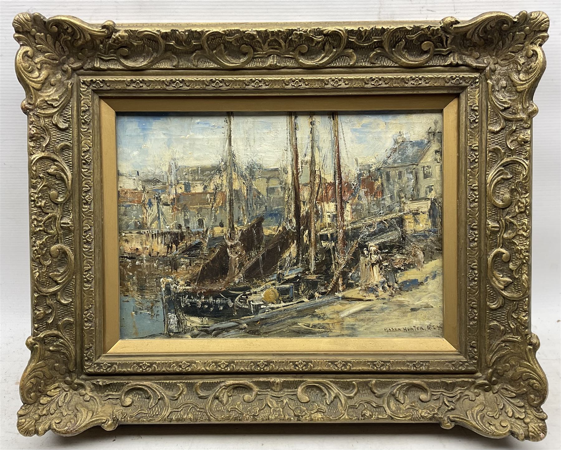 Mason Hunter ARSA RSW (Scottish 1854-1921): Harbour Scene, oil on canvas signed 24cm x 34cm 