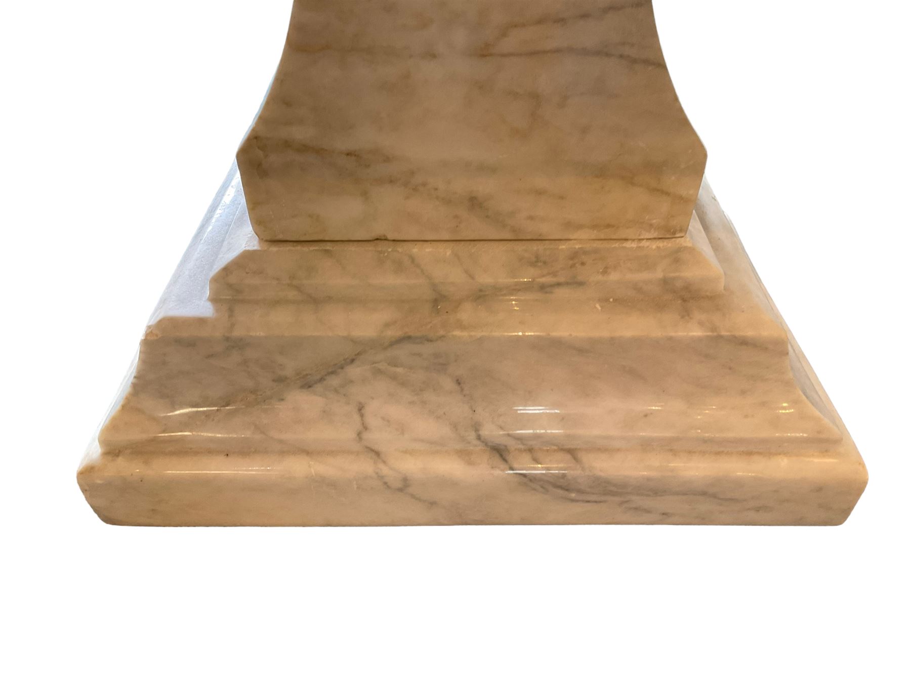 Classical Grecian design Carrera marble centre table, the rectangular single slab top with rounded corners and carved edge, raised on twin pedestals comprised of three pieces with a waisted column on a stepped plinth