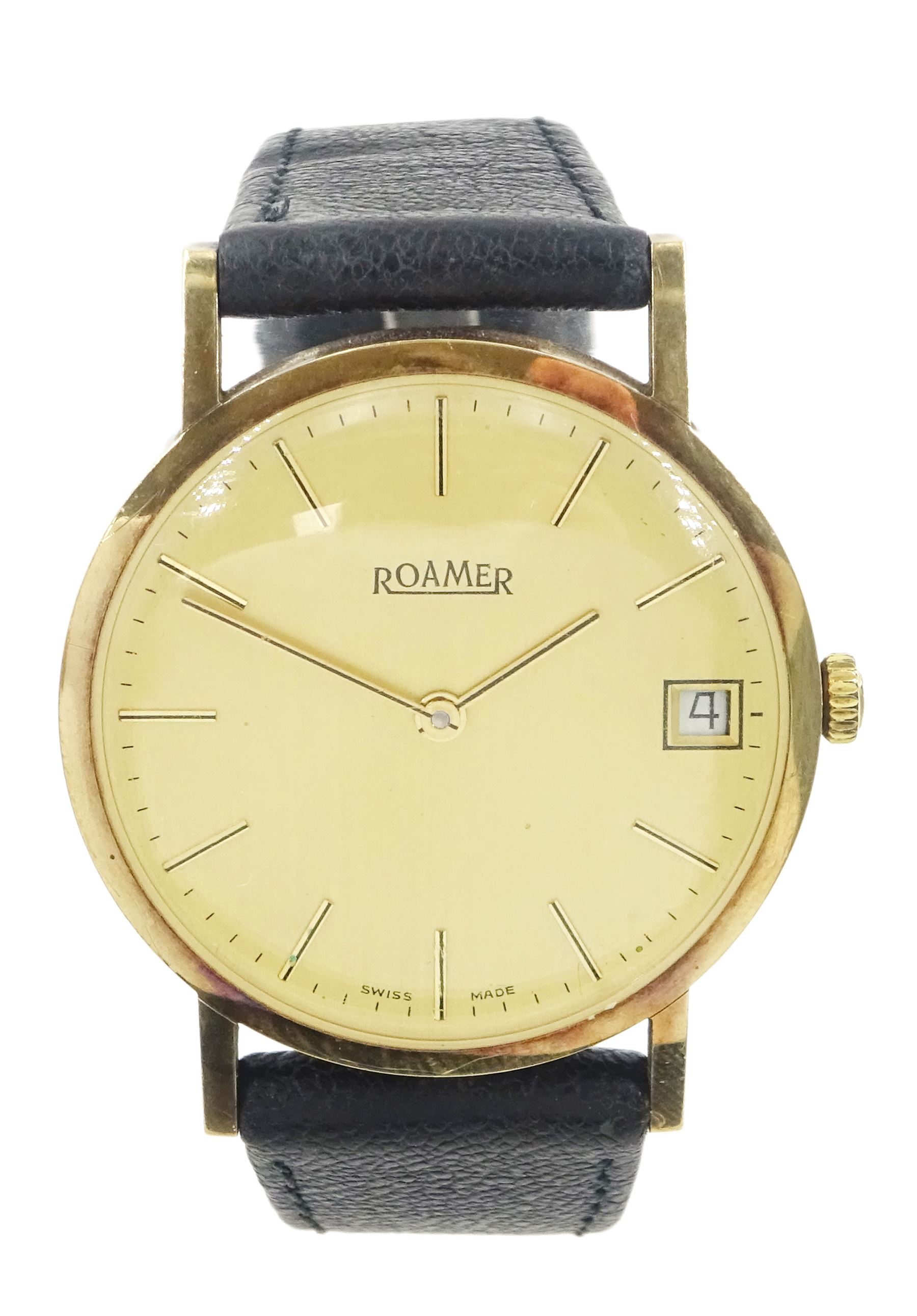 Roamer gentleman's 9ct gold manual wind wristwatch, champagne dial with baton hour markers and date aperture, on black leather strap