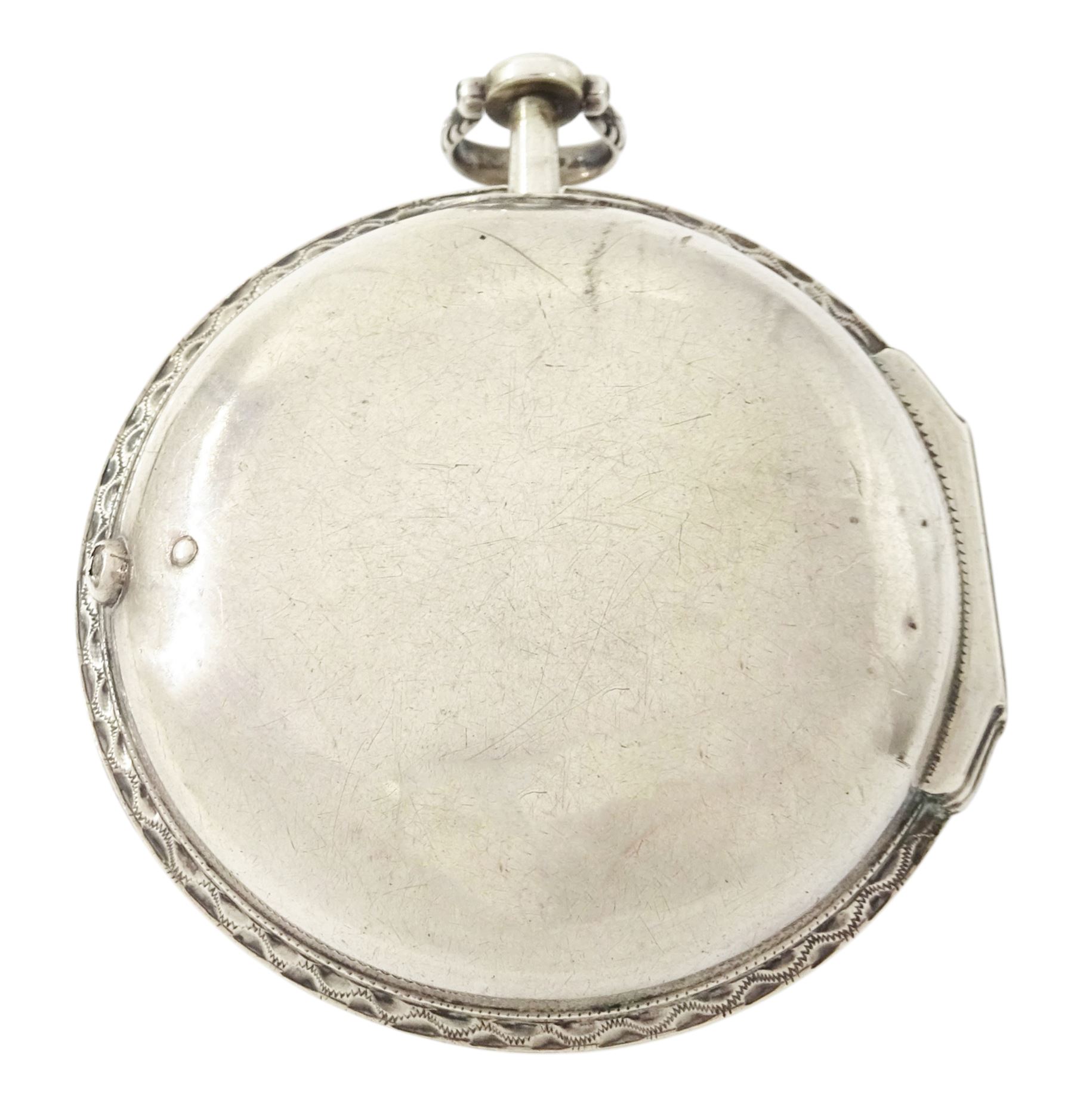 George III silver and gilt metal triple cased verge fusee pocket watch, for the Turkish market by Markwick Markham Borrell, London, No. 23209, ornate classical design pillars, pierced and engraved foliate balance cock, white enamel dial with Turkish numerals, bull's eye glass, the silver cases by James Richards, London 1804, the silver and gilt outer case decorated with green shagreen