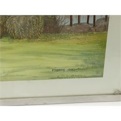 P Swayne (British 20th century): Geese in a River Landscape, oil on panel signed and dated 1970, 64cm x 144cm