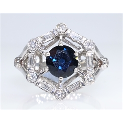  White gold hexagonal ring set with sapphire and diamonds hallmarked 18ct   
