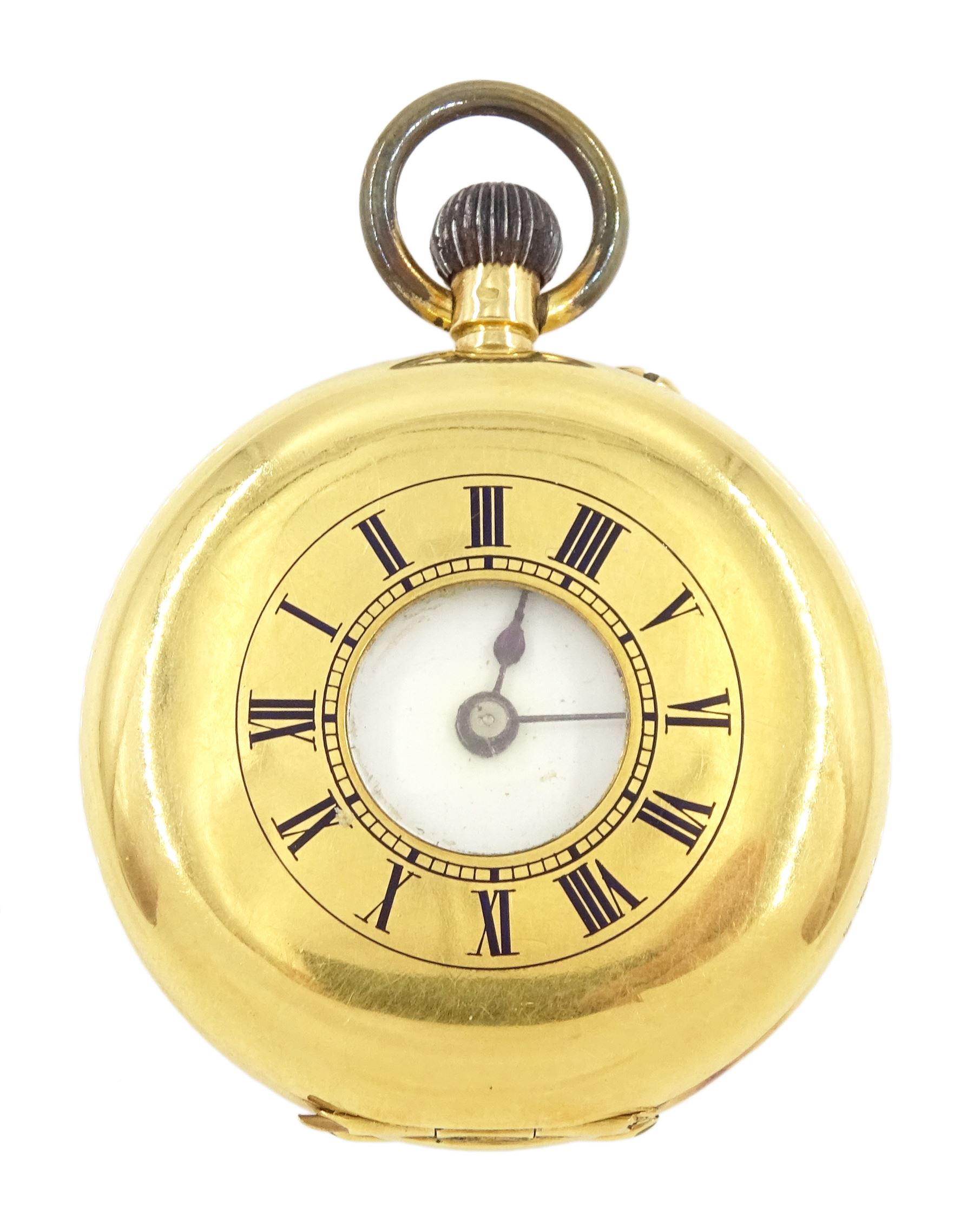 Early 20th century 18ct gold half hunter keyless lever fob watch, white enamel dial with Roman numerals, back case engraved with monogrammed initials, stamped 18K with Helvetia hallmarked