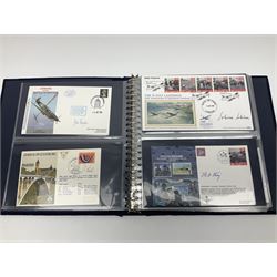 First Day Covers - approx. one hundred flying related and other military FDCs 1970s-2000s, mainly WW2 interest and bearing signatures; British, Channel Islands, Continental, Australia etc; signatures include Vera Lynn, J.H. Lacey, 'Johnnie' Johnson, Barnes Wallis, Bill Reid VC, various other gallantry medal winners, Dam Busters, Battle of Britain, Terence Otway, Leonard Cheshire, Stanford Tuck etc; loose and in a Benham album
