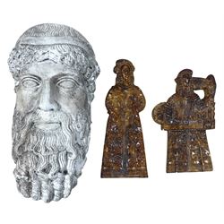 Cast classical style wall mask and two treacle glazed figural plaques, mask H33cm