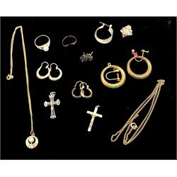 Collection of 9ct gold jewellery including two pairs of hoop earrings, crucifix pendant, pearl pendant necklace and ring etc, and a small collection of silver and costume jewellery 