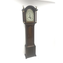19th century oak longcase clock by Bothamley of Boston, arched top with key pattern cornice, painted dial with Arabic and Roman numerals, subsidiary seconds dial and calendar aperture, eight day movement striking on a bell, H197cm