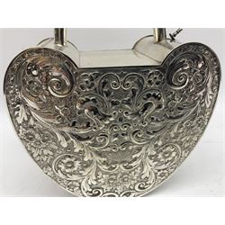 Silver plated, tea caddy, in the form of a heart, with repousse decoration, presented to H Whitcombe, H20cm