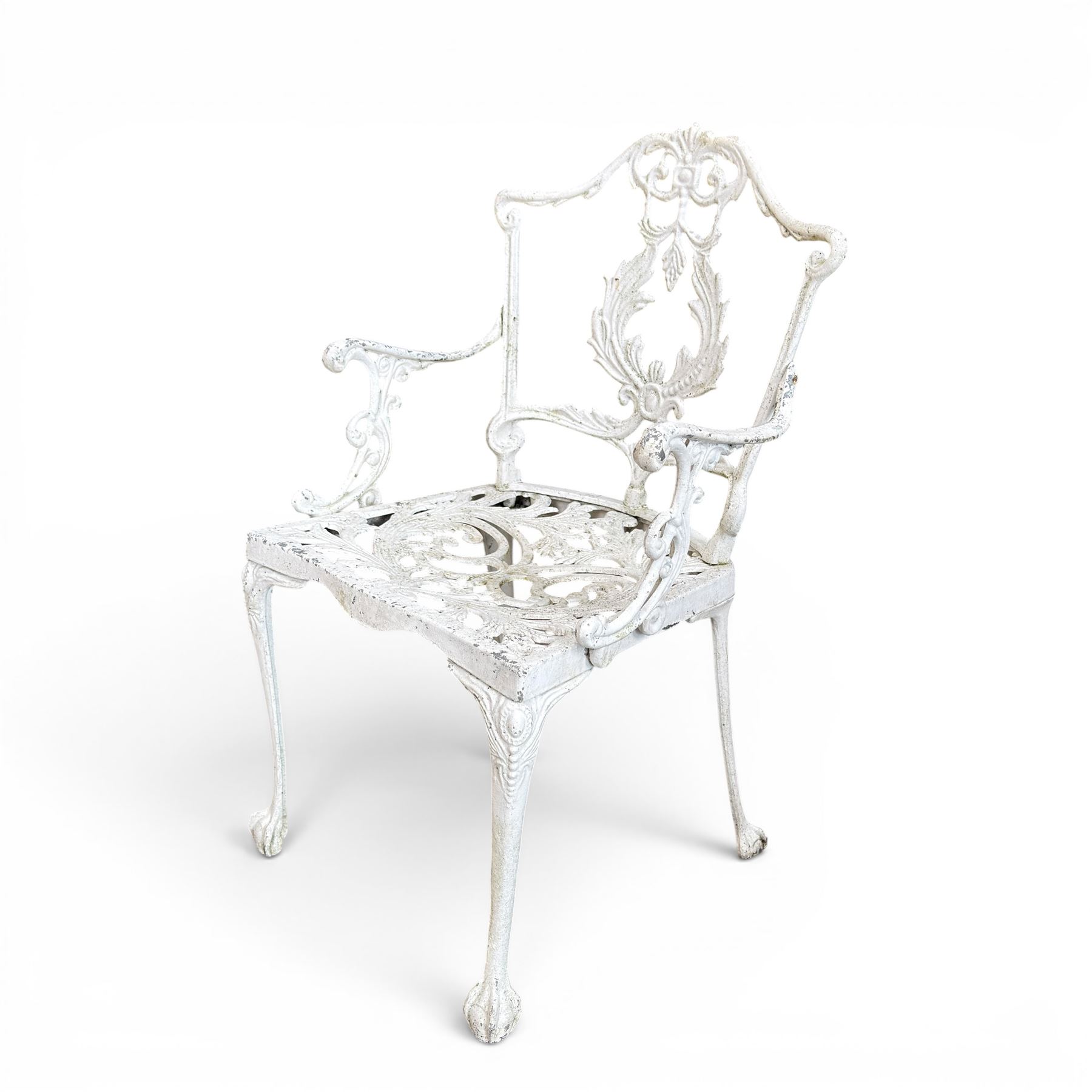 Victorian design cast aluminium circular garden table, and three chairs