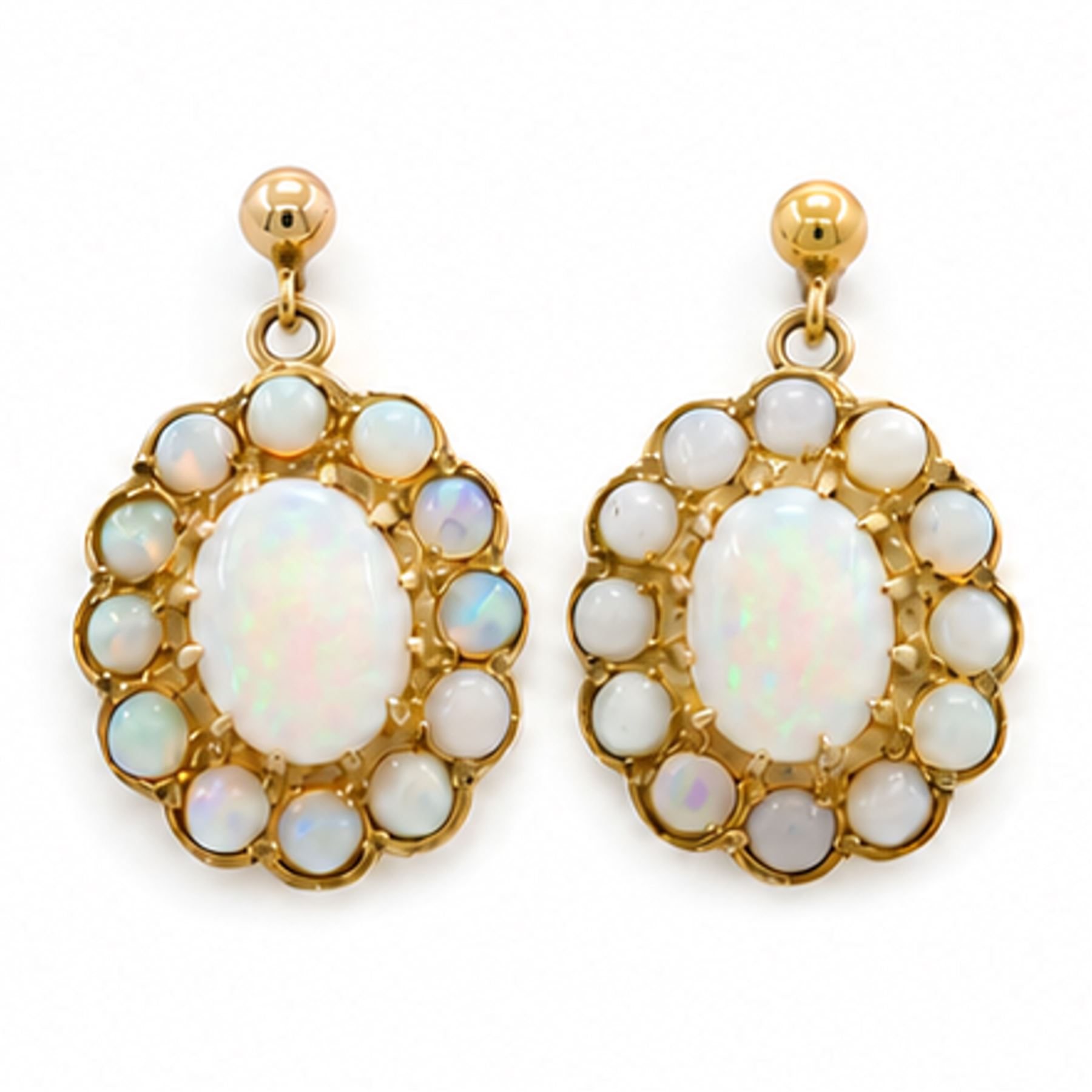Pair of 9ct gold opal pendant earrings, each stud set with a cluster of oval cut and round cut opals, London 1976