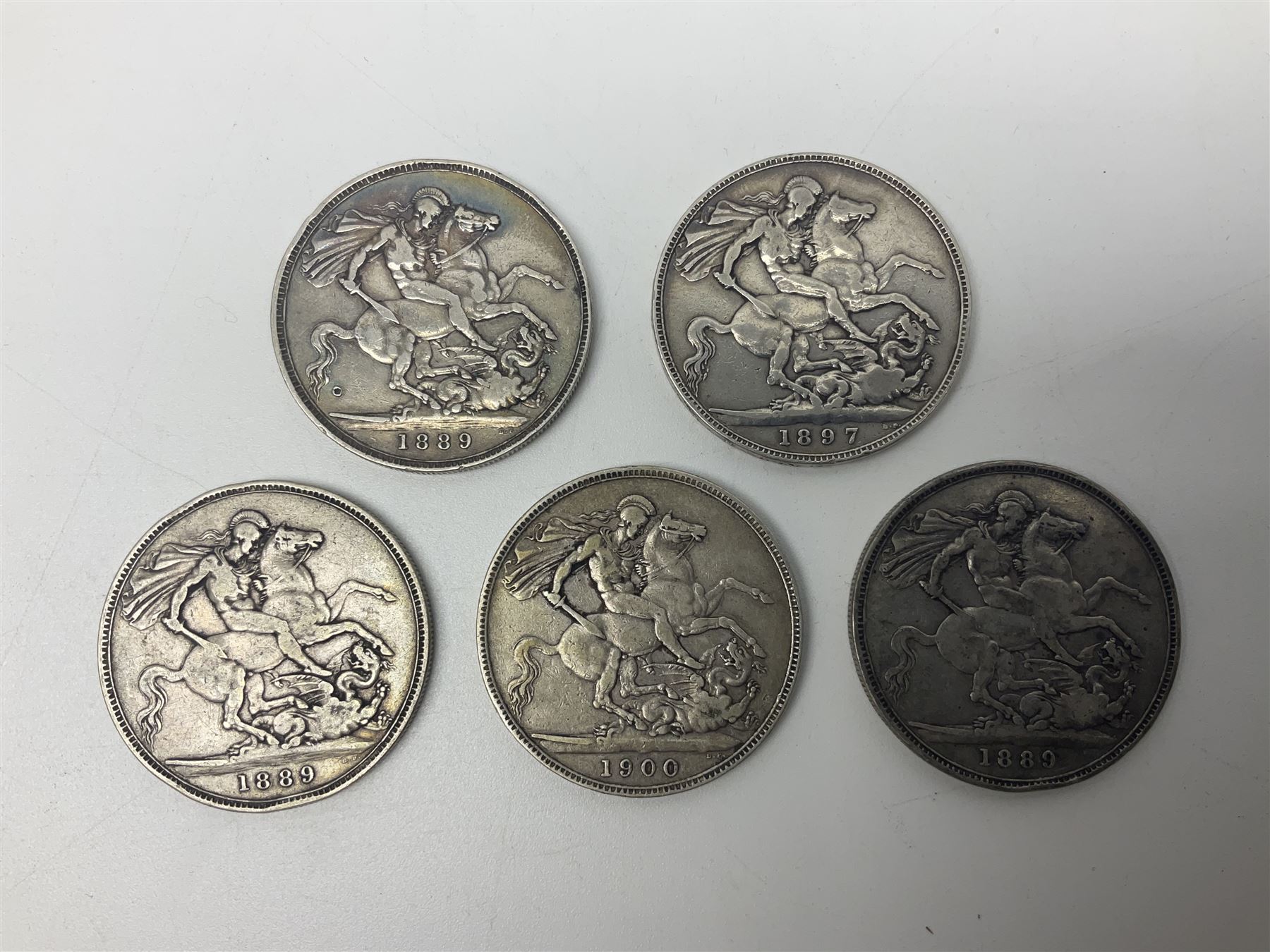 Five Queen Victoria crown coins, dated three 1889, 1897 and 1900 (5)