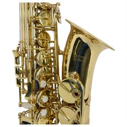 John Scheerer & sons Primo brand lacquered gilt Soprano Saxophone with mouthpiece, in a compact velvet lined hard case.