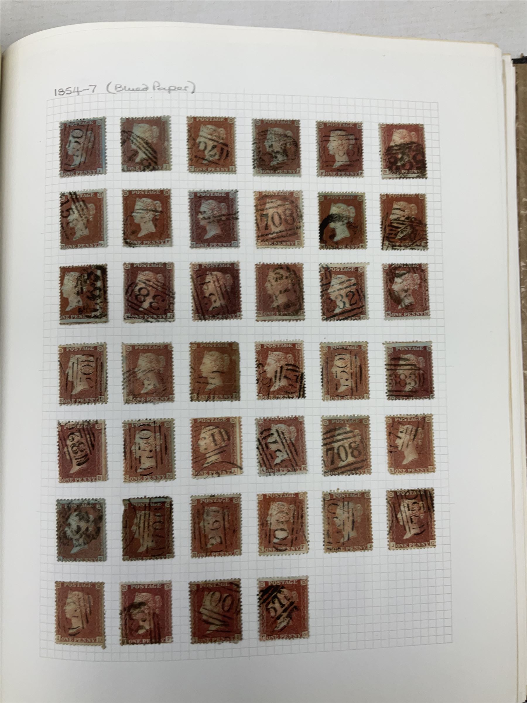 Mostly Great British Queen Victoria stamps, including five 1840 penny blacks four with red and one with black MX cancels, imperf penny reds including examples with MX cancels, perf penny reds, half penny 'bantams', various QV surface printed issues, penny lilac block, 1887-92 unused block of forty-two one halfpenny stamps etc, housed in 'The Paragon Postage Stamp Album