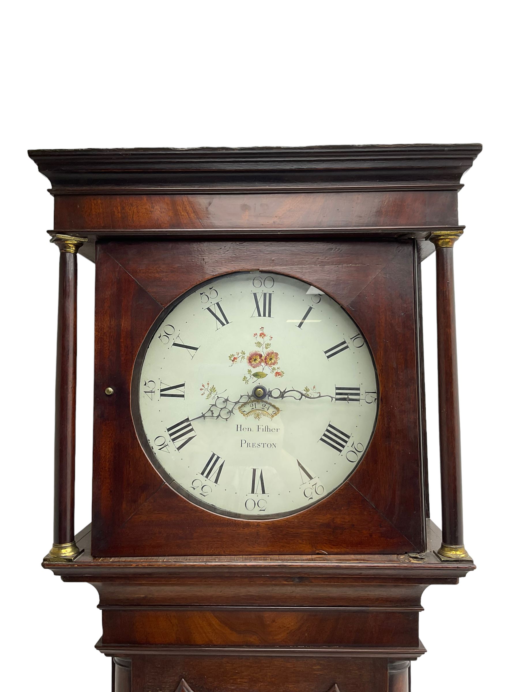 Henry Fisher of Preston (Lancs) -  late 18th century 30-hour oak and mahogany longcase clock c1790, with a flat topped pediment and moulded cornice, square hood door flanked by two plain pillars with brass capitals, trunk with recessed quarter columns, three-quarter length trunk door with an ogee twin spire top and crossbanding, rectangular plinth with canted corners and a narrow applied moulding to the base, circular 13” painted dial with Roman numerals, minute markers and five minute Arabic's, floral decoration to the centre and a semi-circular calendar aperture with date disc behind, original steel serpentine hands, dial inscribed “H Fisher, Preston”, dial pinned directly to a weight driven countwheel striking movement, striking the hours on a cast bell. With pendulum and weight.
Henry Fisher is recorded as working in Preston from 1742-95.
