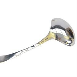 Six Continental/American silver ladles, including American silver Art Nouveau style example with curved leaf handle by Reed & Barton, three German silver examples, a Russian silver example and one other