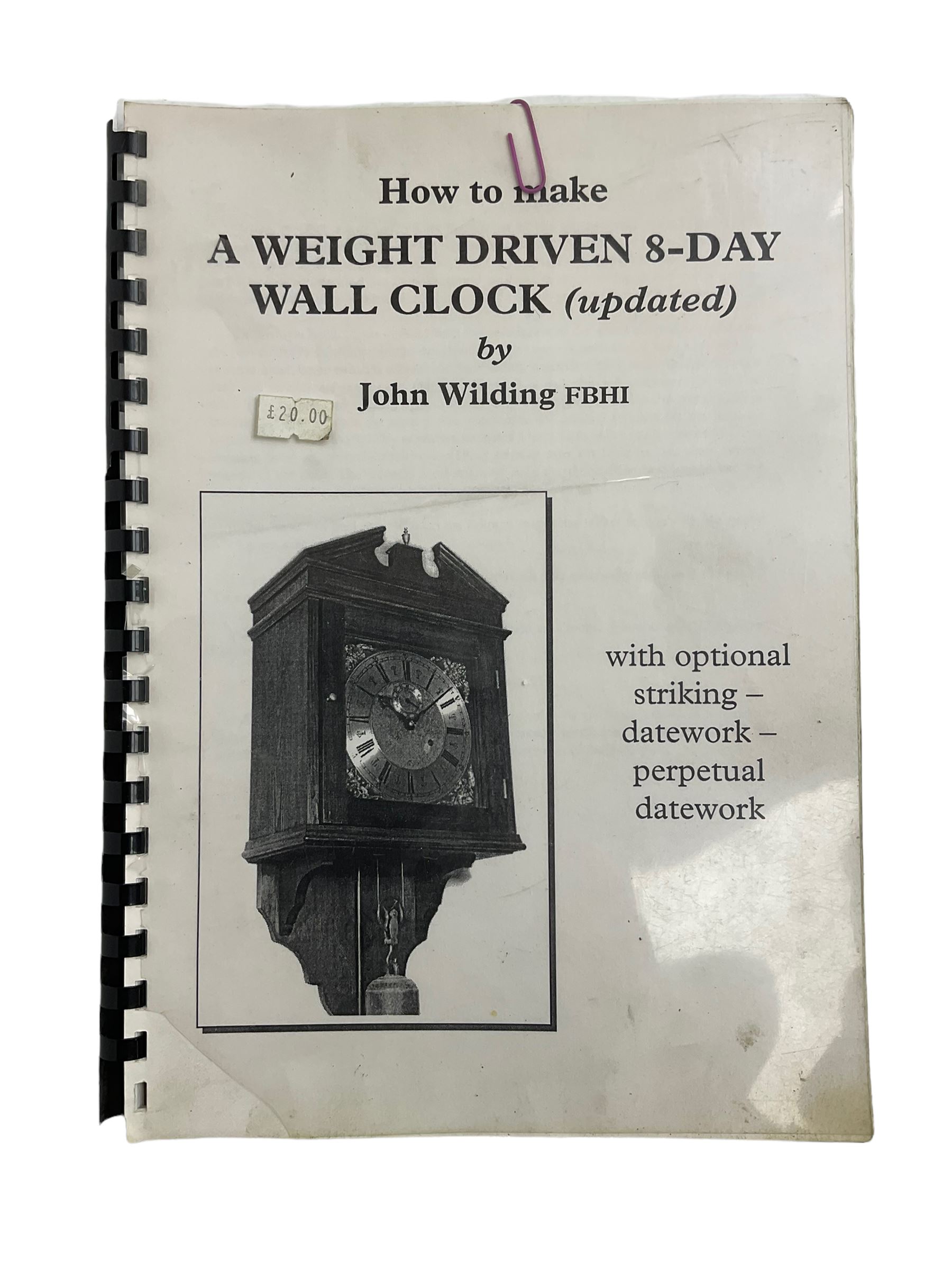 Eight-day weight driven wall clock to the constructional design of John Wilding, with a brass sheet dial and fretted Roman numerals, pierced steel hands and seconds hand, brass movement plates with steel pillars, lantern pinions and brass wheels, mahogany veneered case with a sliding hood and wall bracket, with pulley, brass cased weight and pendulum.
The movement was designed for a passing strike which has been disconnected, the maker must have intended to use Henry Wards hourly striking mechanism which John Wild fitted to his movement. Many of the components are present but not fitted to the movement. With a copy of John Wildings construction book “How to make a Weight Driven Eight Day wall clock”
