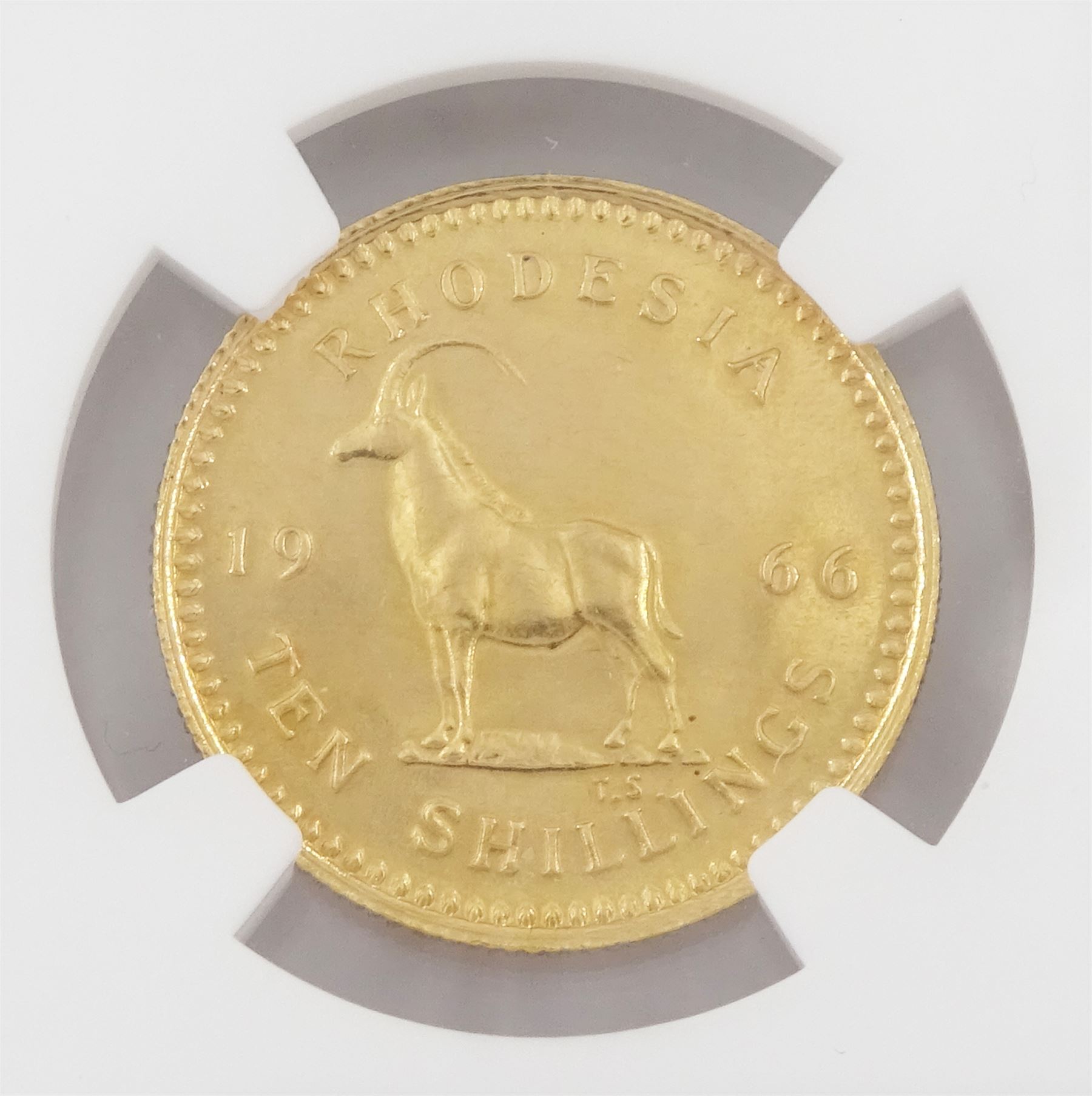 Queen Elizabeth II Rhodesia 1966 gold ten shillings coin, encapsulated and graded PF64 by NGC