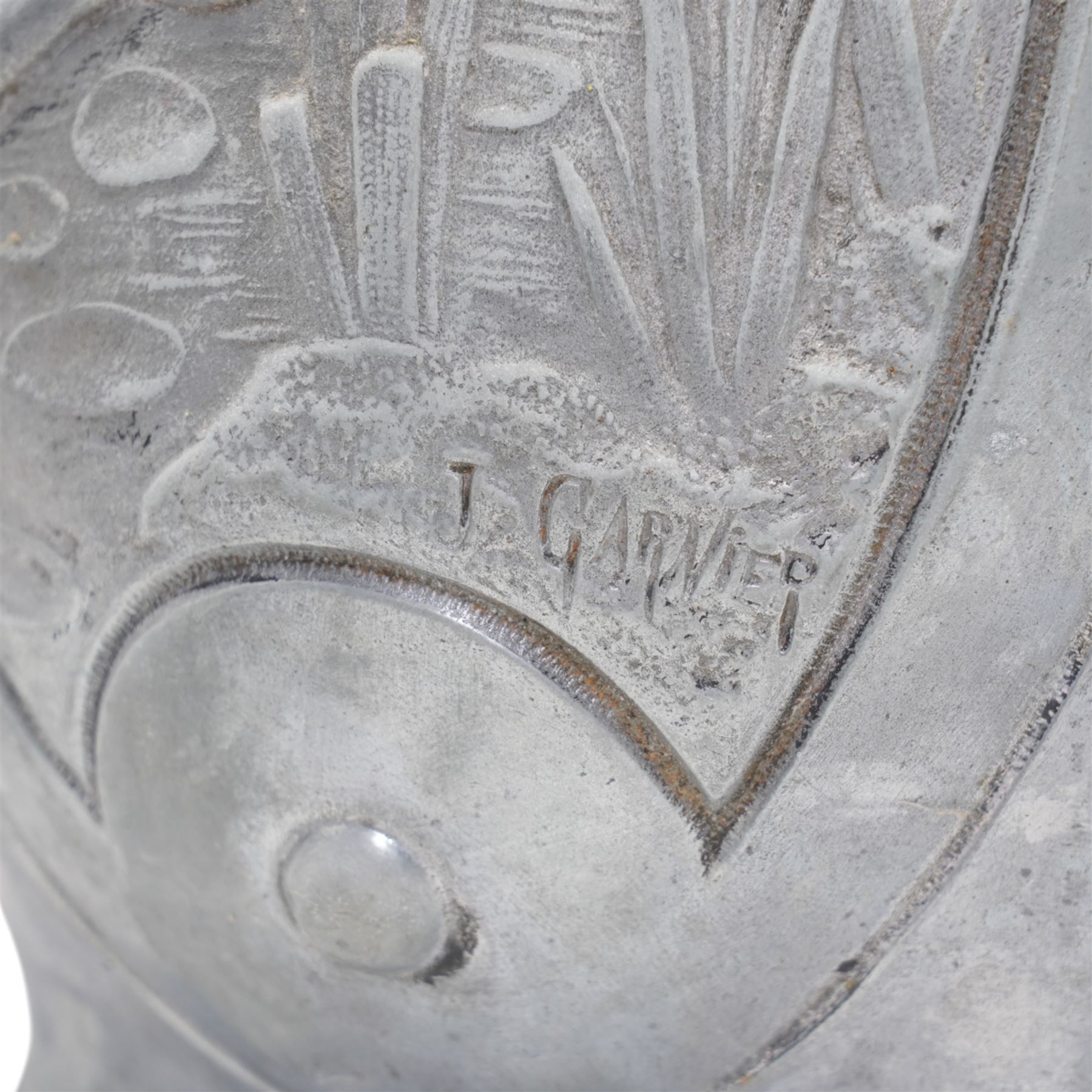 Jean Garnier (French 1853-1910): Pair of Art Nouveau cast metal vases, possibly spelter, of three handled form, cast in relief with panels of fairies, signed J. Garnier, H38cm 