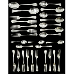 Part canteen of Victorian silver to include two serving spoons, seven dessert spoons, five dinner forks, ten smaller forks and five teaspoons, Old English and Pip pattern, with engraved initial 'F' by John Round & Son Ltd, Sheffield 1894-7, approx 43.5oz