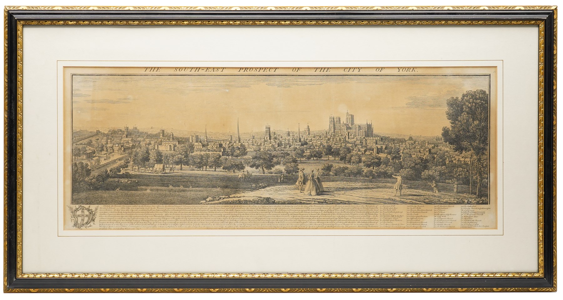 After Samuel Buck (British 1696-1779) and Nathaniel Buck (British fl. 1724-1759): 'The South East Prospect of the City of York' and 'The South East Prospect of Leeds in the County of York', pair of engravings pub. 1745, in matching frames 31cm x 82cm (2)