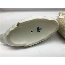 Lladro 'Walk With the Dog' figure no. 4893, together with Lladro swan figure, Porceval figure of a gentleman with a bird perched upon his hand and a further of a lady with flowers beside a basket, all with marks beneath, tallest H40cm