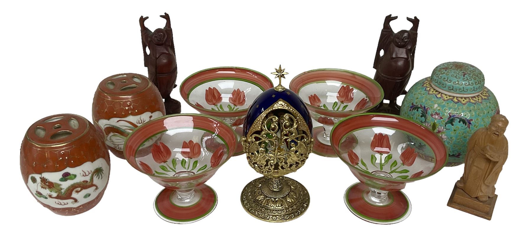 House of Faberge 'A King is Born' collector egg, Franklin Mint, together with with two tea jars, a ginger jar and four hand painted glasses etc 