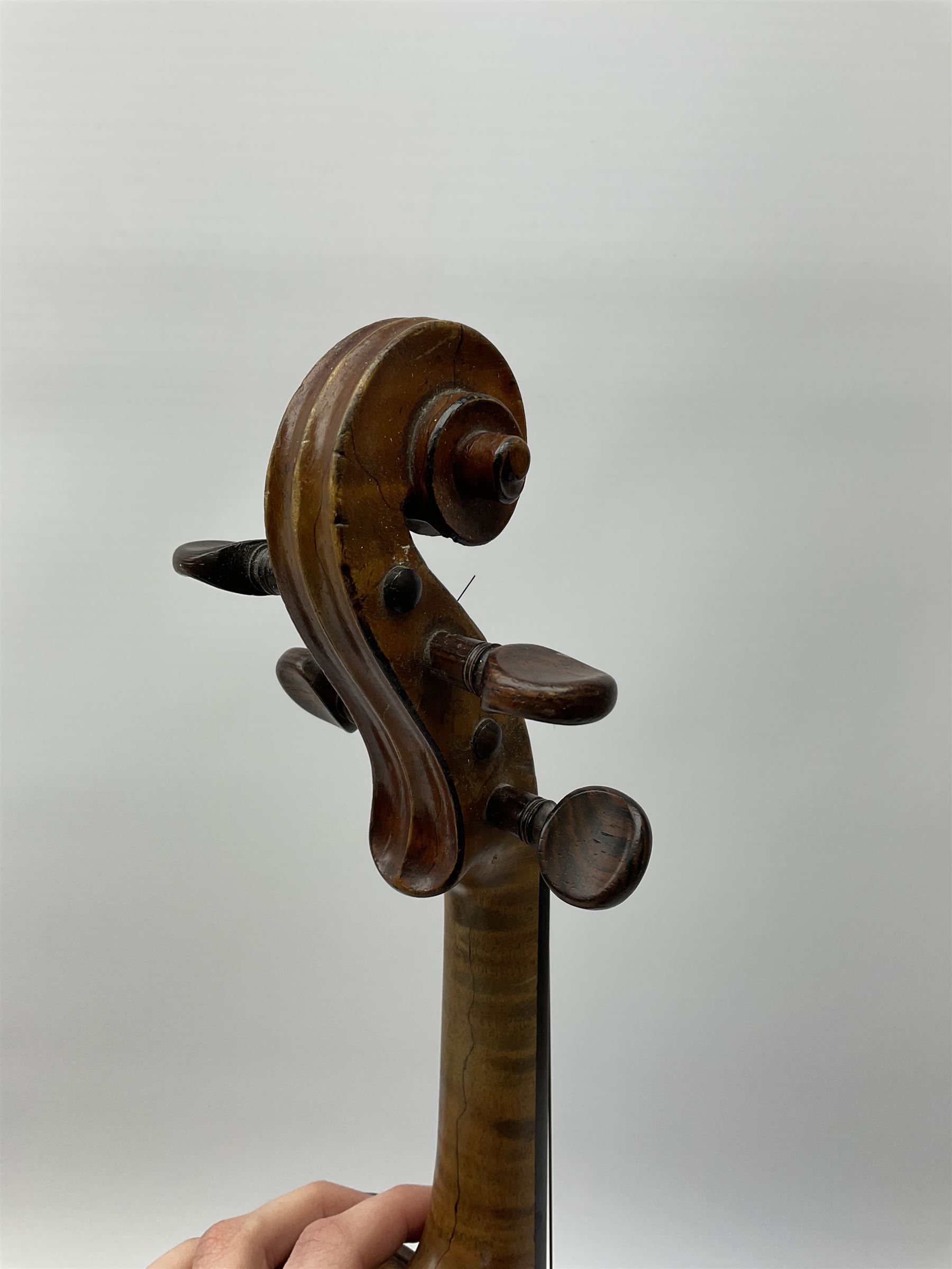 French Mirecourt violin c1920s with 36cm one-piece maple back and ribs and spruce top, labelled Jermone Thibouville-Lamy, L59cm, in fitted carrying case with German bow and 1984 valuation certificate by Frome Valley Music