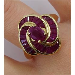 9ct gold oval and baguette ruby swirl ring, hallmarked