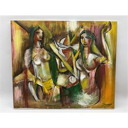 Francis Perera (Sri Lankan 1931-): 'Divided Love', oil on canvas signed, titled verso 73cm x 86cm (unframed)
Notes: Perera a noted Sri Lankan artist has had many solo exhibitions both in his home country and overseas. He is a six time winner of the Presidential Award, represented Sri Lanka in Washington DC to commemorate the 50th anniversary of its independence, exhibited at the Royal Commonwealth Society in 2002, and at the 20th International Art Festival in Germany.