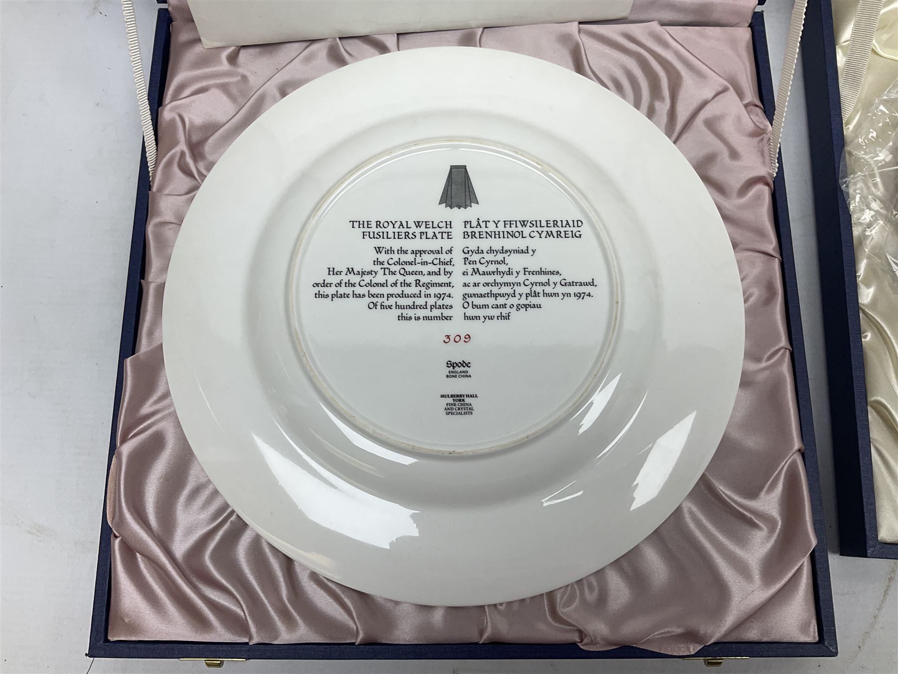 Five Spode Mulberry Hall limited edition Regimental commemorative plates - Argyll & Sutherland Highlanders No.9/500; Cheshire Regiment No.352/500; Kings Own Scottish Borderers No.113/500; Black Watch Royal Highland Regiment No.331/500; and Royal Welch Fusiliers No.309/500; all boxed with certificates (5)