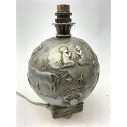  Art Deco cast metal lamp base, globular form decorated with the signs of the zodiac and other runes H24cm overall  