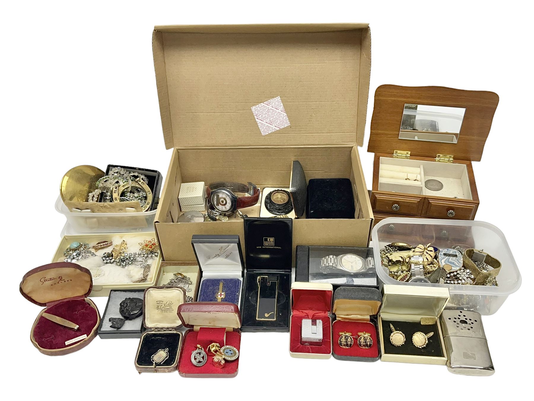 Silver jewellery including St Johns Ambulance medal, tiger's eye necklace, identity bracelet, etc, together with Festival of Britain powder compact, Ippag dice lighter, Win International lighter, Victorian and later costume jewellery and wristwatches