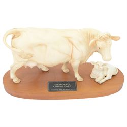 Three Beswick Connoisseur Cattle: Hereford Cow and Calf, Charolais Cow and Calf and Charolais Bull, all on wooden plinths, H20cm
