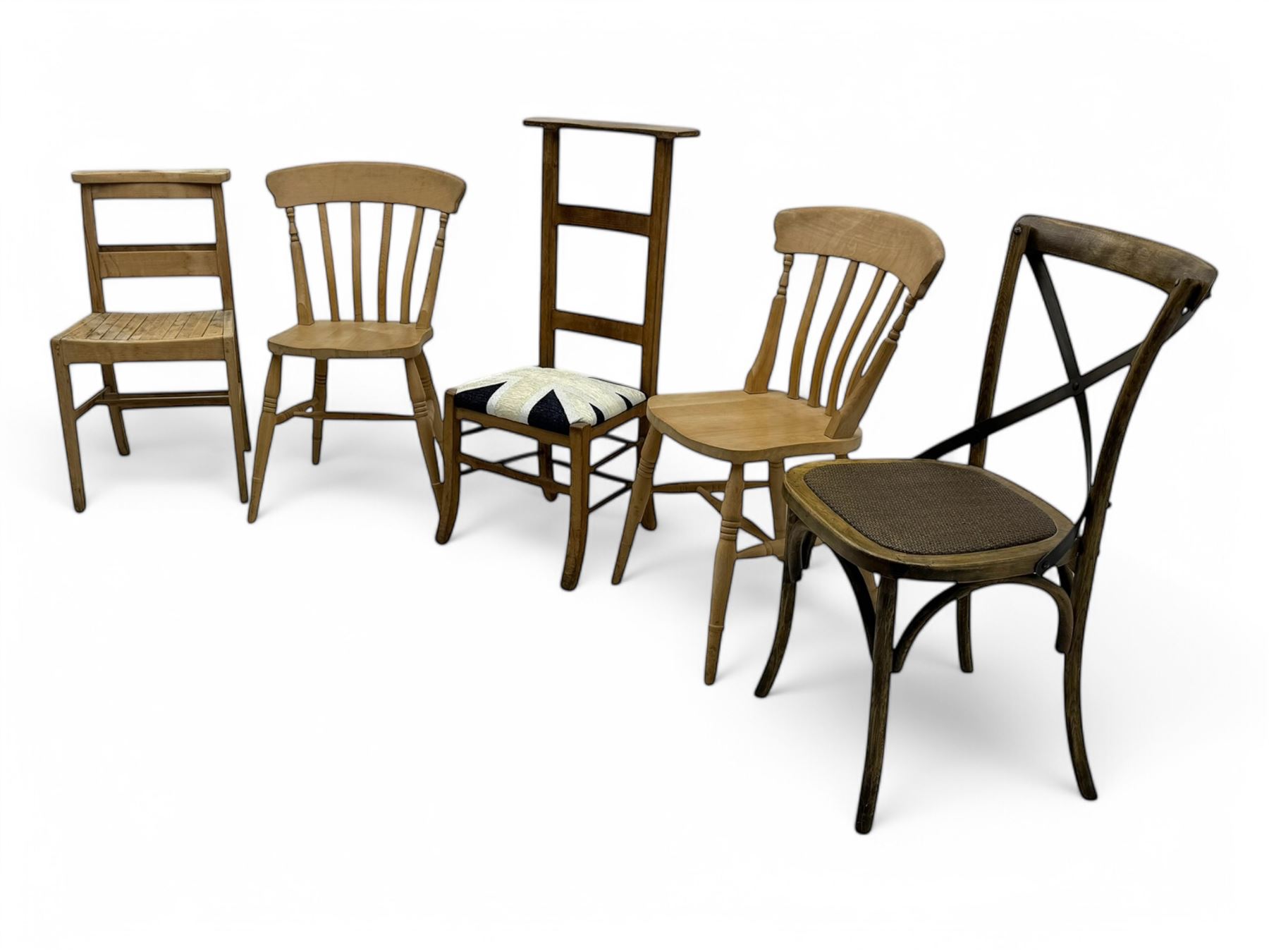 Late 20th century ladder-back chair with recessed Bible storage; pair of spindle back farmhouse chairs; cross-back bistro chair with an arched top rail and woven rattan seat; ladder-back chair with a Union Jack upholstered seat (5)