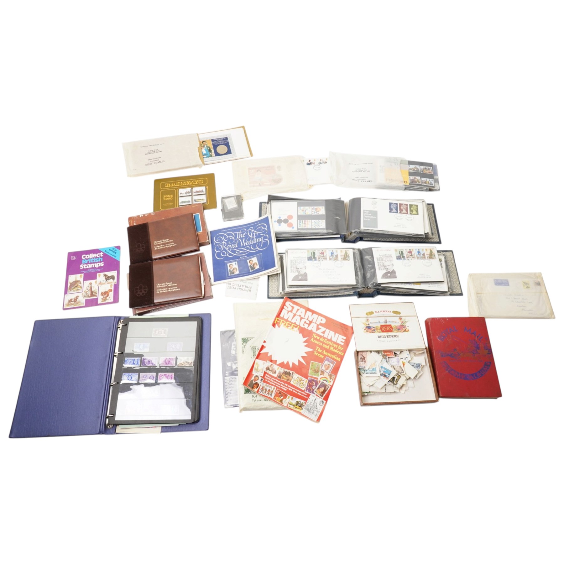 Great British and world stamps, including Queen Elizabeth II mint decimal issues, 1976 Montreal Olympics Collection in two volumes, first day covers in two folders, loose stamps etc