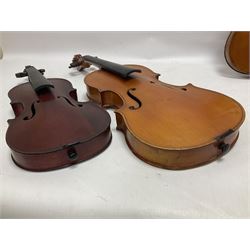 Four violins 1/8th size; half size with Nicolas Bertholini label; three-quarter size with Stradivarius copy label; and full size with Marquis De L'Air label (4)