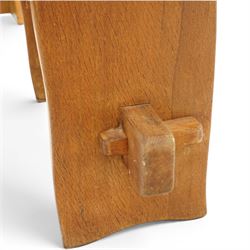 Acornman - rustic oak console table, shaped rectangular top, on shaped end supports, united by a stretcher with carved acorn signature, by the workshop of Alan Grainger, Brandsby